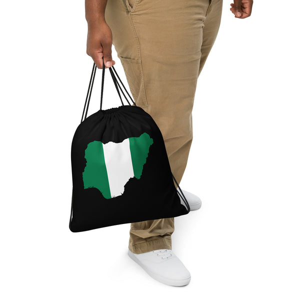 Nigeria Drawstring Bag - Flag Map on black