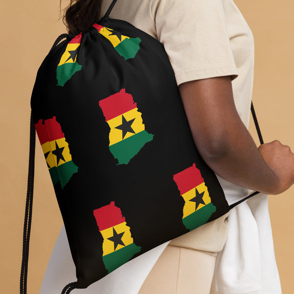 Ghana Drawstring Bag - Ghanaian map-flag pattern on black