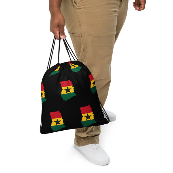 Ghana Drawstring Bag - Ghanaian map-flag pattern on black