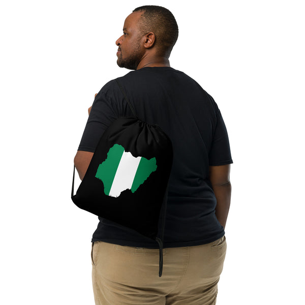 Nigeria Drawstring Bag - Flag Map on black