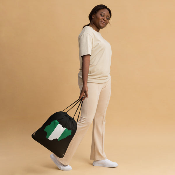 Nigeria Drawstring Bag - Flag Map on black