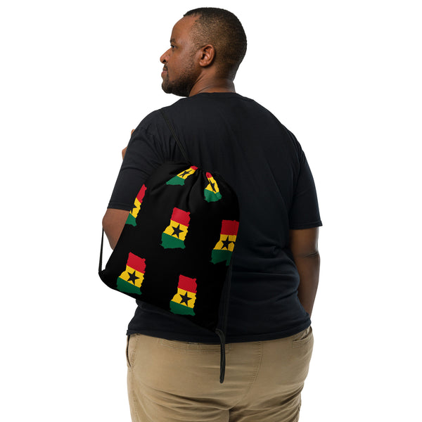 Ghana Drawstring Bag - Ghanaian map-flag pattern on black