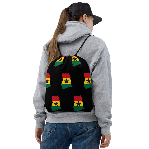 Ghana Drawstring Bag - Ghanaian map-flag pattern on black