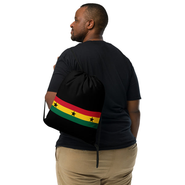 Ghana Drawstring Bag - Ghanaian map-flag pattern on black