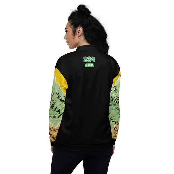Nigerian Map on sleeves Unisex Bomber Jacket - black