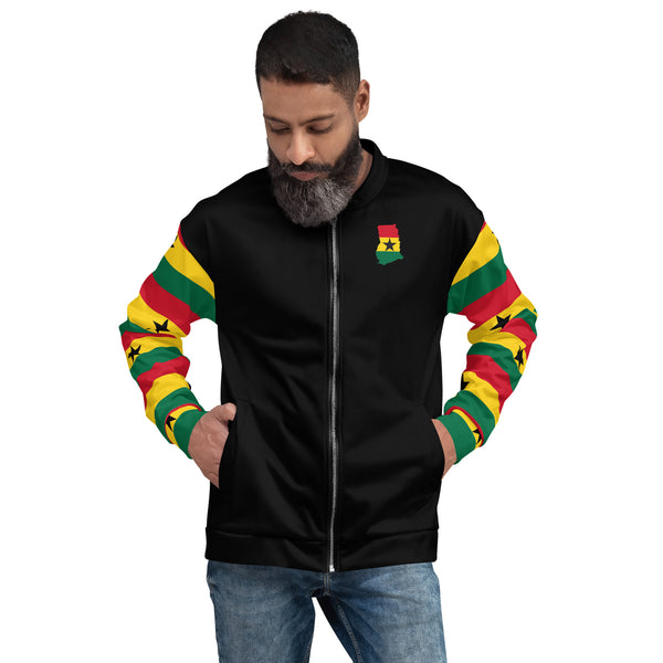 Ghana Flag on Sleeves Unisex Bomber Jacket - Black