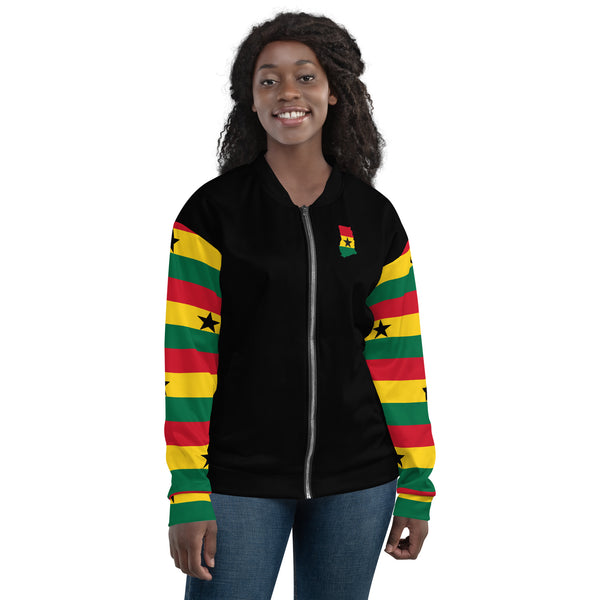 Ghana Flag on Sleeves Unisex Bomber Jacket - Black