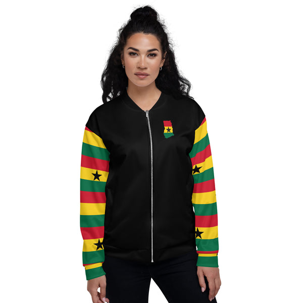 Ghana Flag on Sleeves Unisex Bomber Jacket - Black