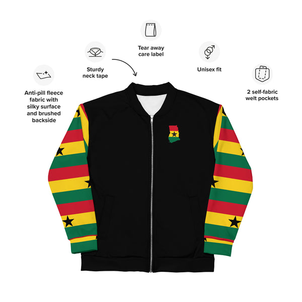 Ghana Flag on Sleeves Unisex Bomber Jacket - Black