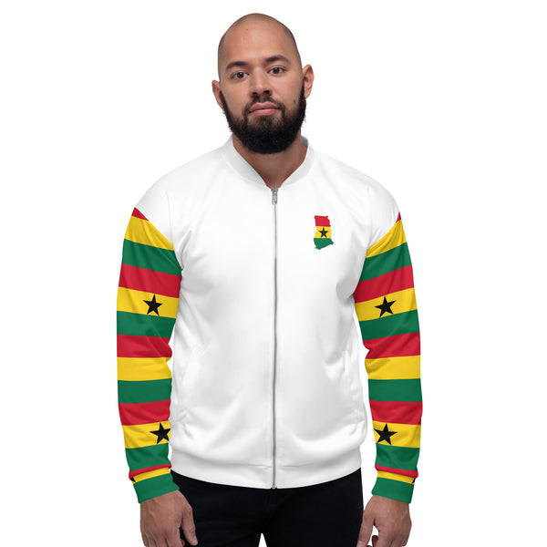 Ghana Flag on Sleeves Unisex Bomber Jacket - White