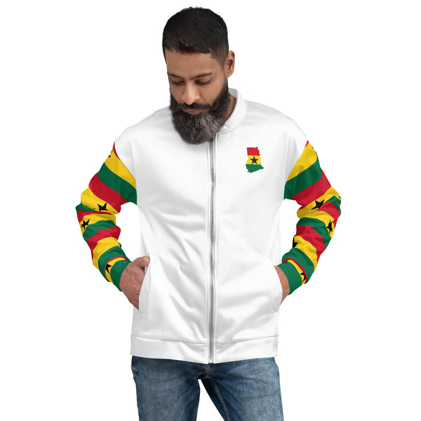 Ghana Flag on Sleeves Unisex Bomber Jacket - White