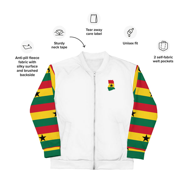 Ghana Flag on Sleeves Unisex Bomber Jacket - White