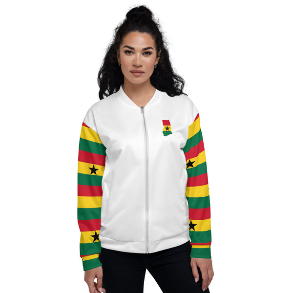 Ghana Flag on Sleeves Unisex Bomber Jacket - White
