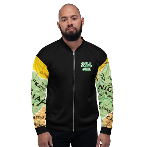 Nigerian Map on sleeves Unisex Bomber Jacket - black