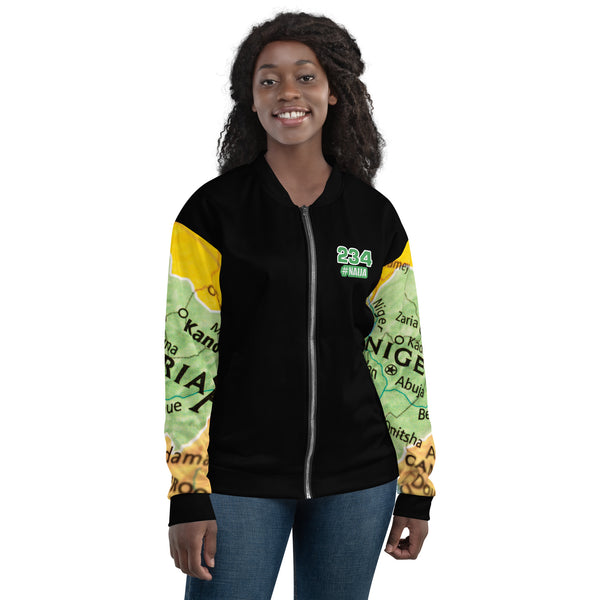 Nigerian Map on sleeves Unisex Bomber Jacket - black