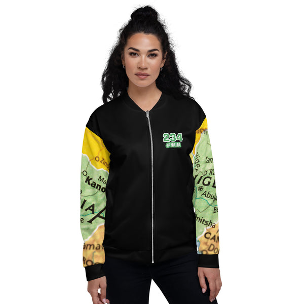 Nigerian Map on sleeves Unisex Bomber Jacket - black