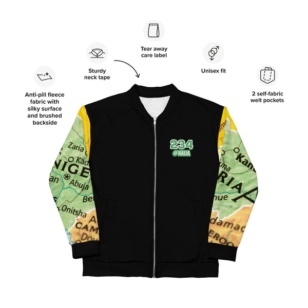 Nigerian Map on sleeves Unisex Bomber Jacket - black
