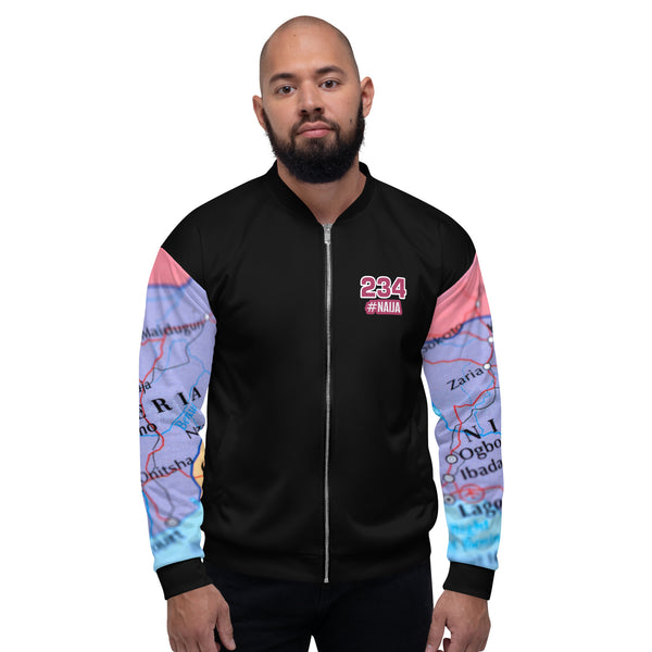 Nigerian Map on sleeves Unisex Bomber Jacket - black