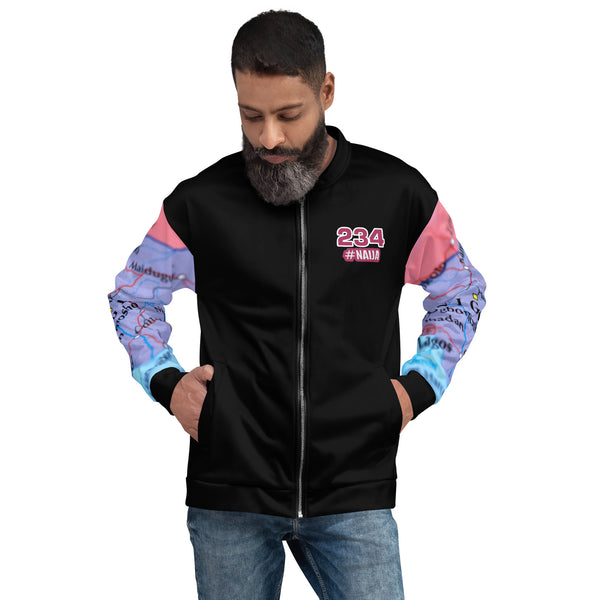 Nigerian Map on sleeves Unisex Bomber Jacket - black