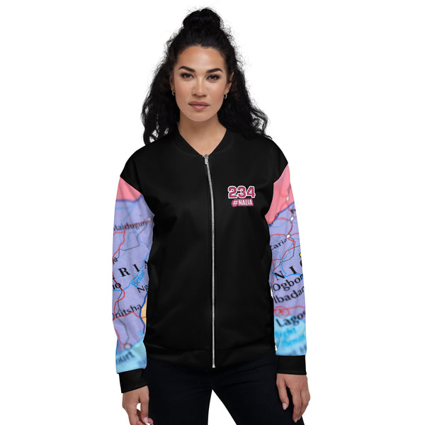 Nigerian Map on sleeves Unisex Bomber Jacket - black