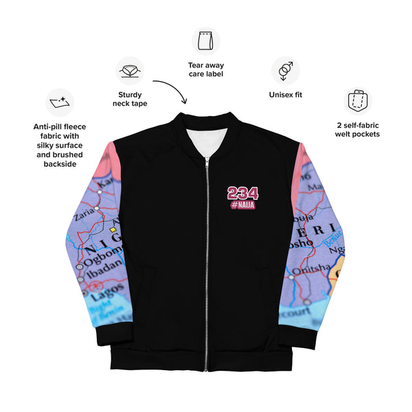 Nigerian Map on sleeves Unisex Bomber Jacket - black