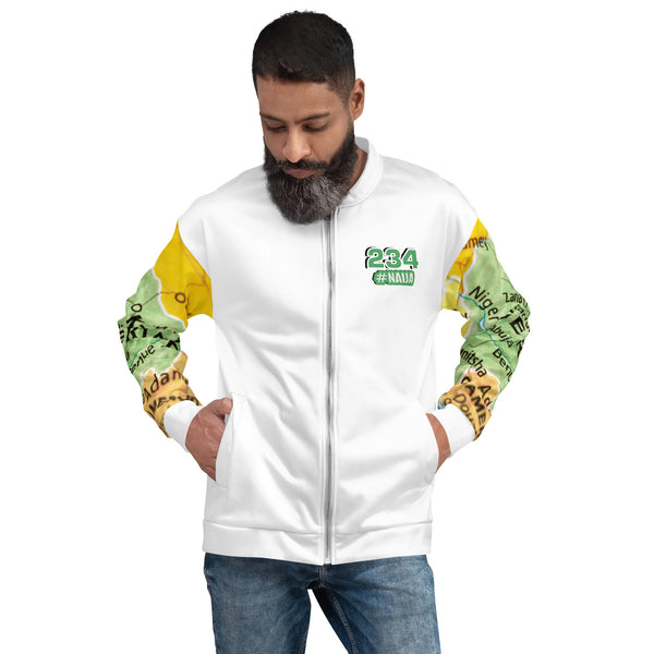 Nigerian Map on sleeves Unisex Bomber Jacket - white