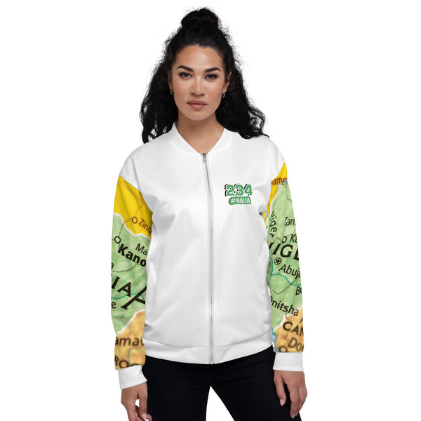 Nigerian Map on sleeves Unisex Bomber Jacket - white