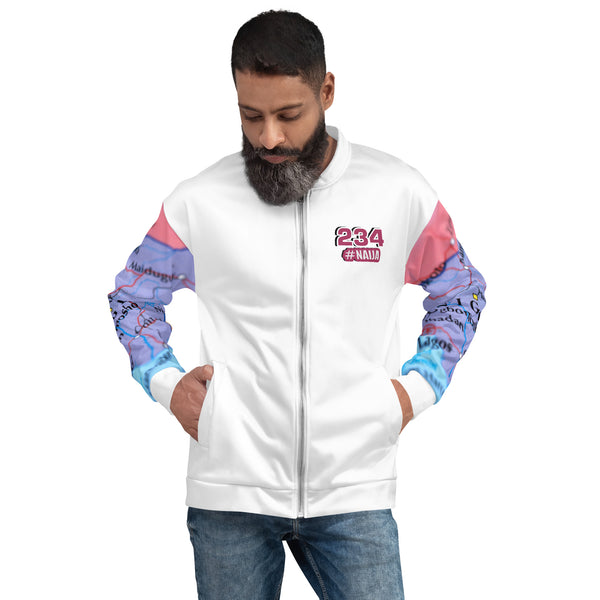 Nigerian Map on sleeves Unisex Bomber Jacket - white