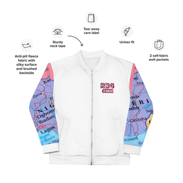 Nigerian Map on sleeves Unisex Bomber Jacket - white
