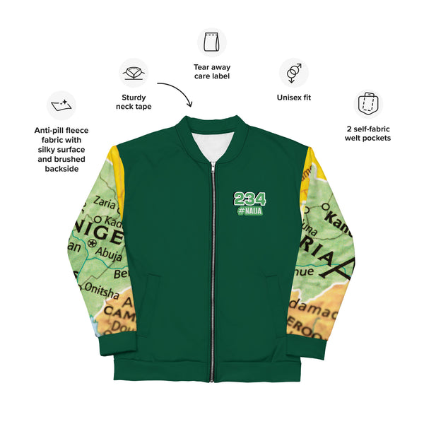 Nigerian Map on sleeves Unisex Bomber Jacket - green