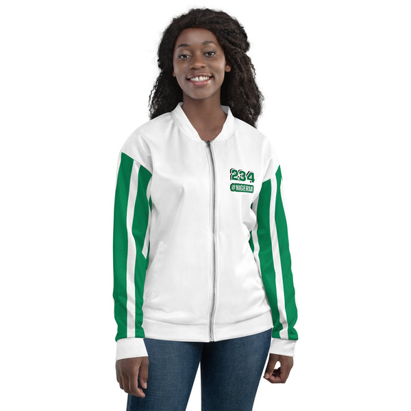Nigeria Flag on Sleeves Unisex Bomber Jacket - White