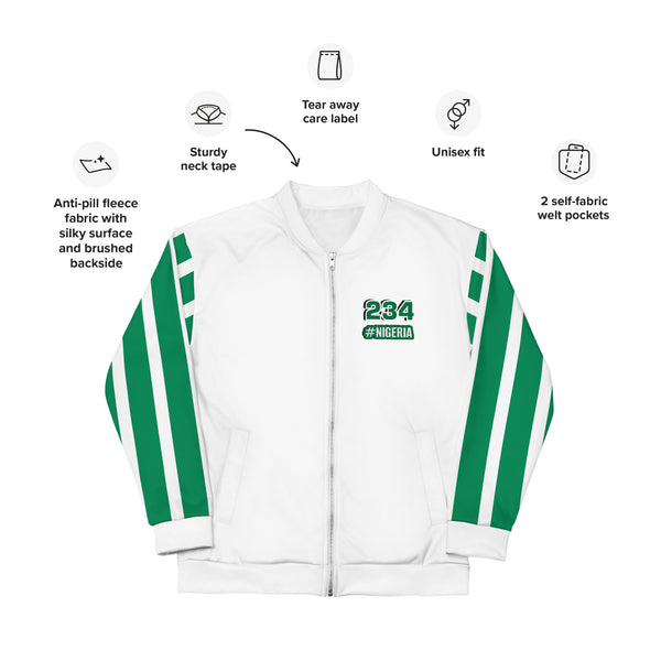 Nigeria Flag on Sleeves Unisex Bomber Jacket - White