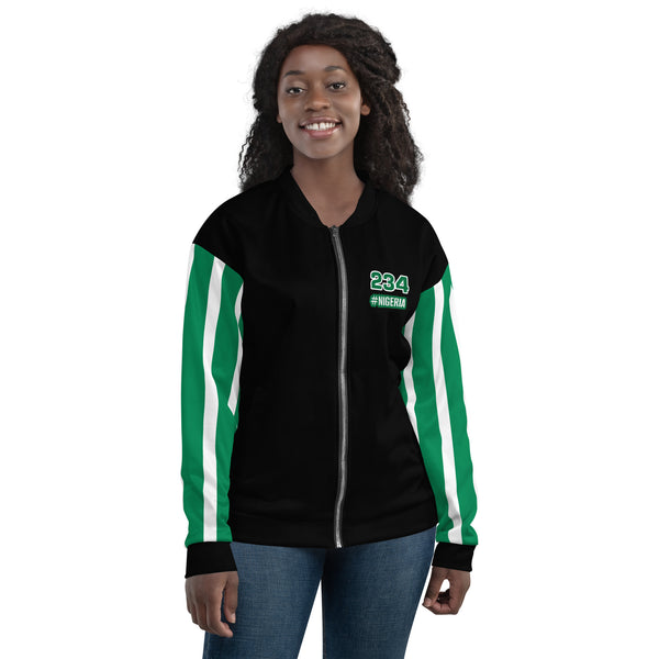 Nigeria Flag on Sleeves Unisex Bomber Jacket - Black