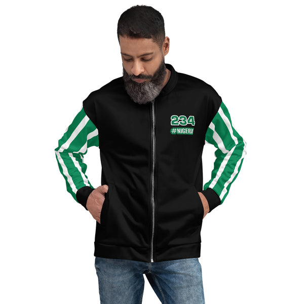 Nigeria Flag on Sleeves Unisex Bomber Jacket - Black