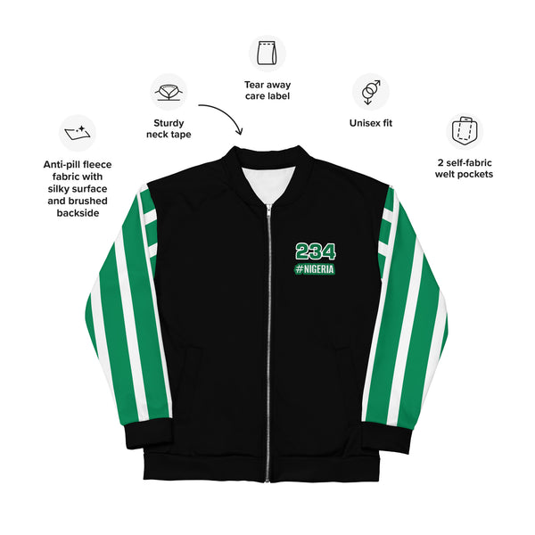 Nigeria Flag on Sleeves Unisex Bomber Jacket - Black
