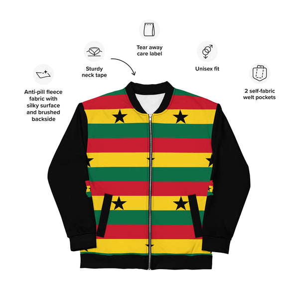 Ghana Flag pattern Unisex Bomber Jacket - Black