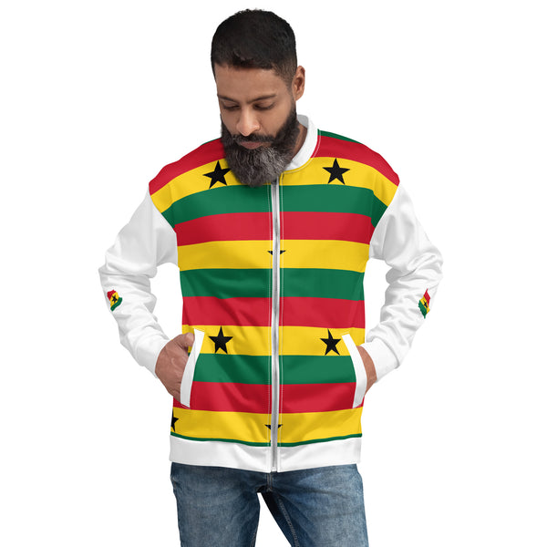 Ghana Flag Pattern Unisex Bomber Jacket - White