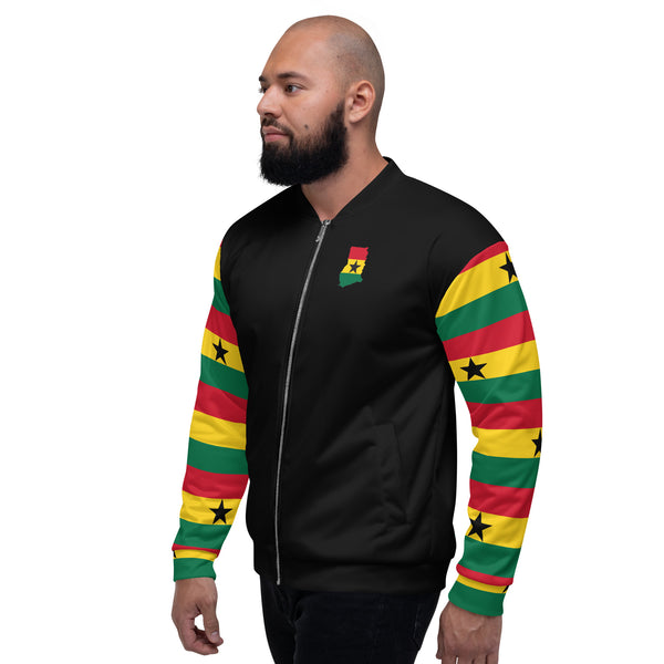 Ghana Flag on Sleeves Unisex Bomber Jacket - Black