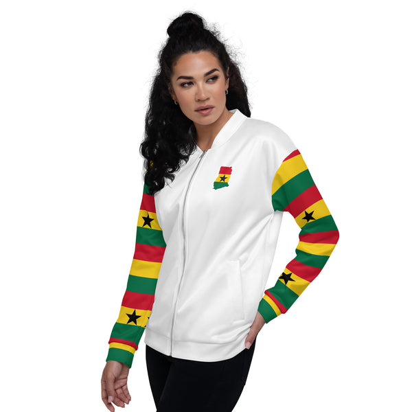 Ghana Flag on Sleeves Unisex Bomber Jacket - White
