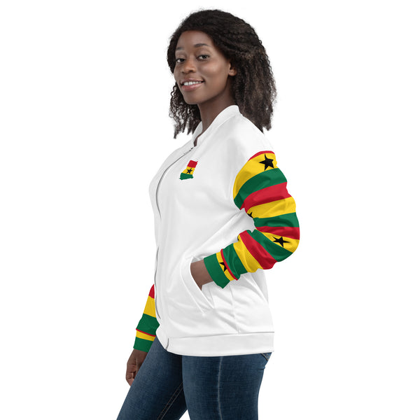 Ghana Flag on Sleeves Unisex Bomber Jacket - White