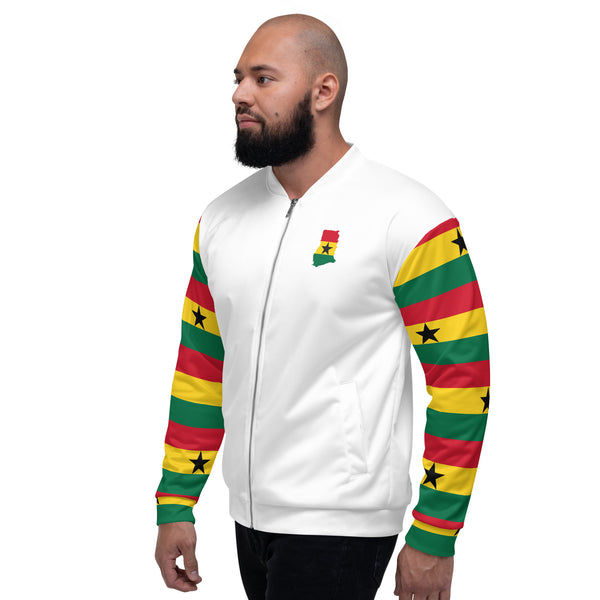 Ghana Flag on Sleeves Unisex Bomber Jacket - White