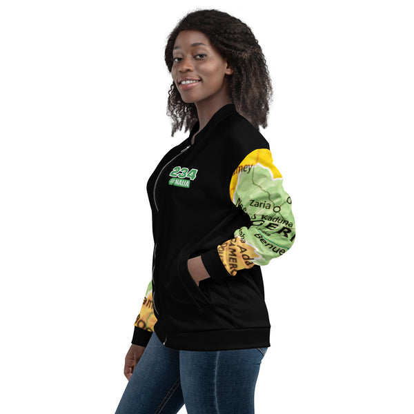Nigerian Map on sleeves Unisex Bomber Jacket - black