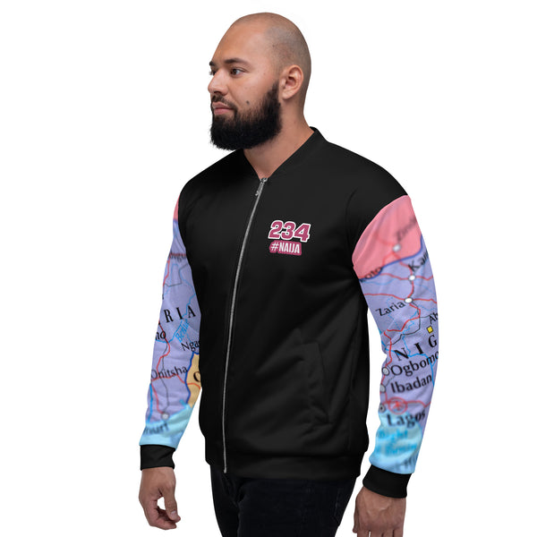Nigerian Map on sleeves Unisex Bomber Jacket - black