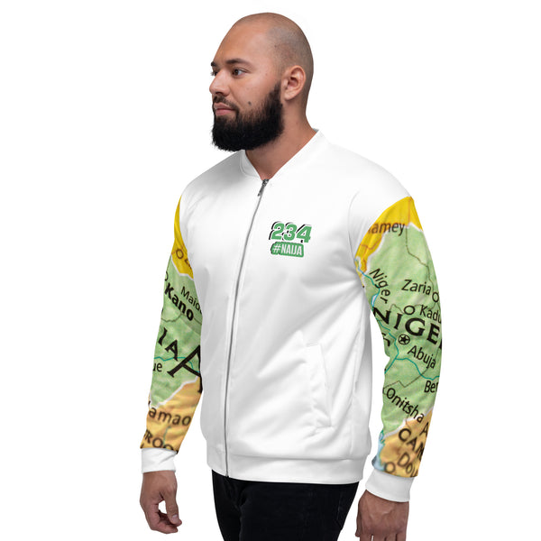 Nigerian Map on sleeves Unisex Bomber Jacket - white