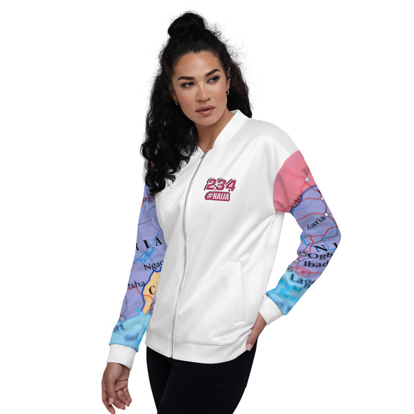 Nigerian Map on sleeves Unisex Bomber Jacket - white