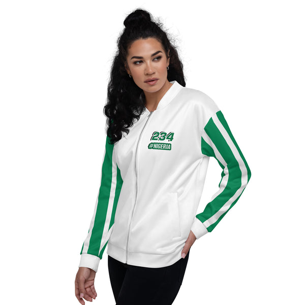 Nigeria Flag on Sleeves Unisex Bomber Jacket - White