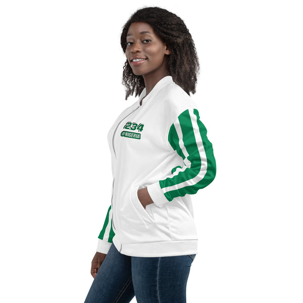 Nigeria Flag on Sleeves Unisex Bomber Jacket - White