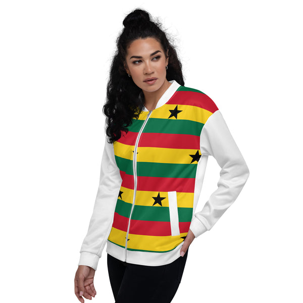 Ghana Flag Pattern Unisex Bomber Jacket - White