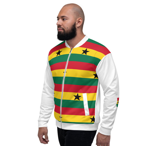 Ghana Flag Pattern Unisex Bomber Jacket - White