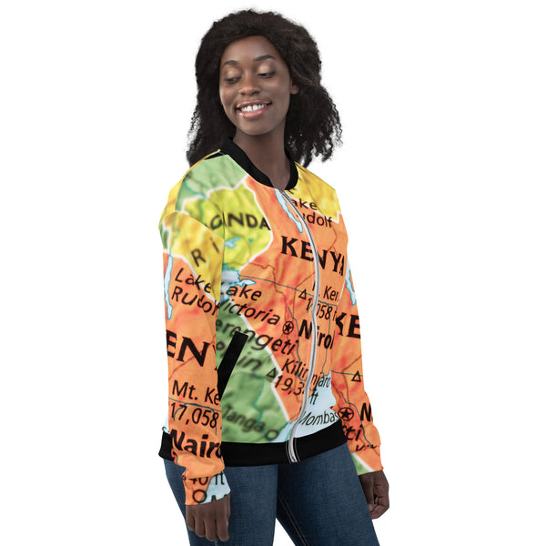 Unisex Bomber Jacket with Kenyan Map Design